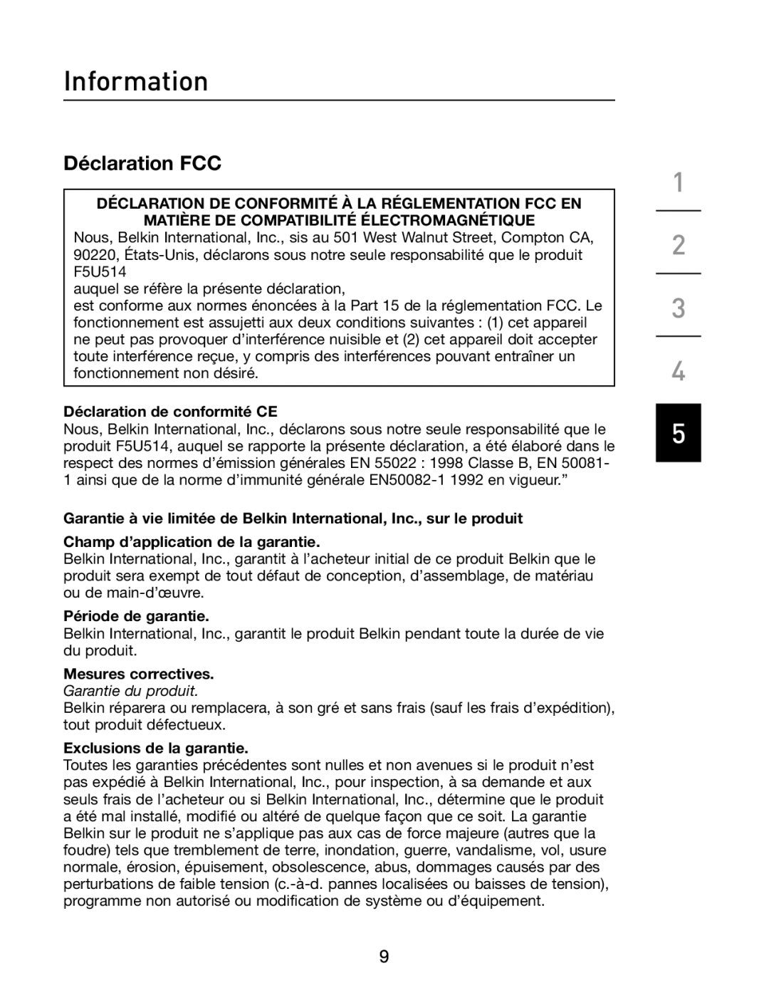 Belkin F5U514 manual Déclaration FCC, Déclaration de conformité CE, Période de garantie, Mesures correctives 