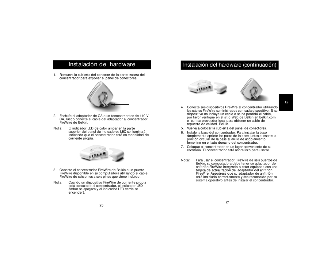 Belkin F5U526-WHT, F5U526-SLV user manual Instalación del hardware continuación 