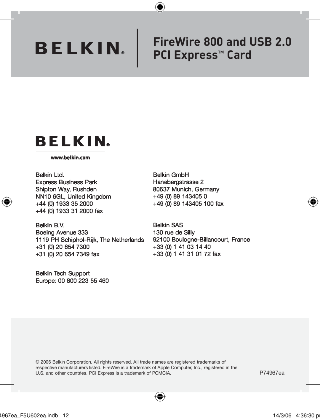 Belkin F5U602EA user manual FireWire 800 and USB PCI Express Card, Belkin GmbH 