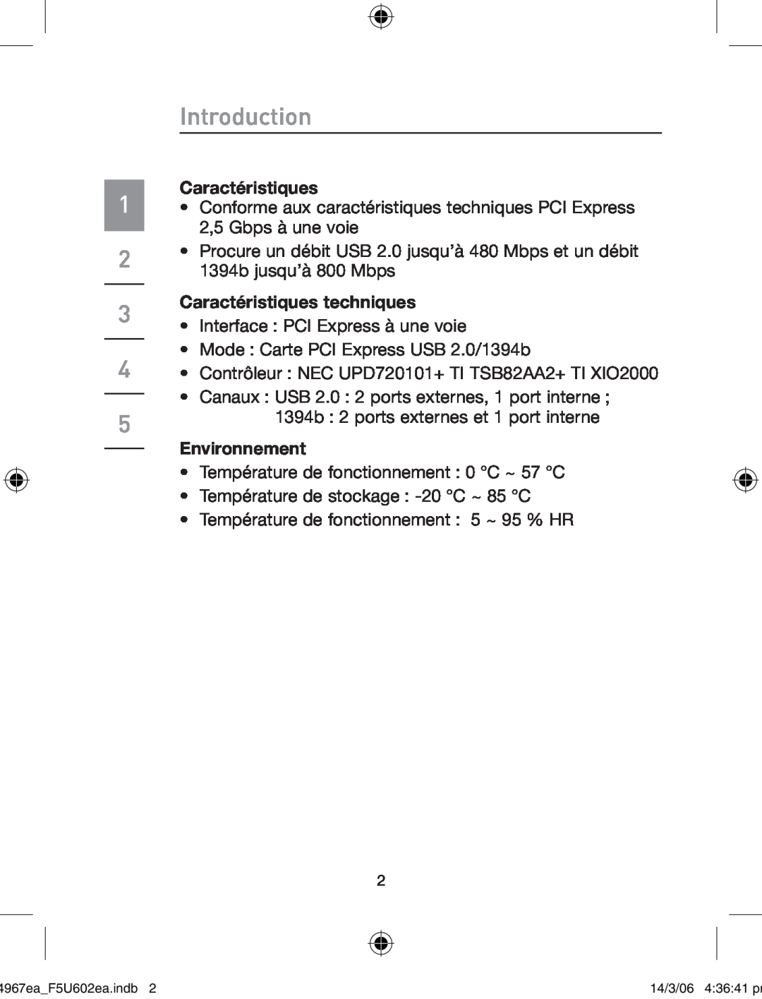 Belkin F5U602EA user manual Caractéristiques techniques, Environnement, Introduction 