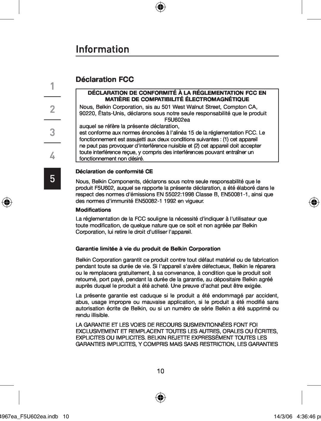 Belkin F5U602EA Déclaration FCC, Information, Déclaration De Conformité À La Réglementation Fcc En, Modifications 