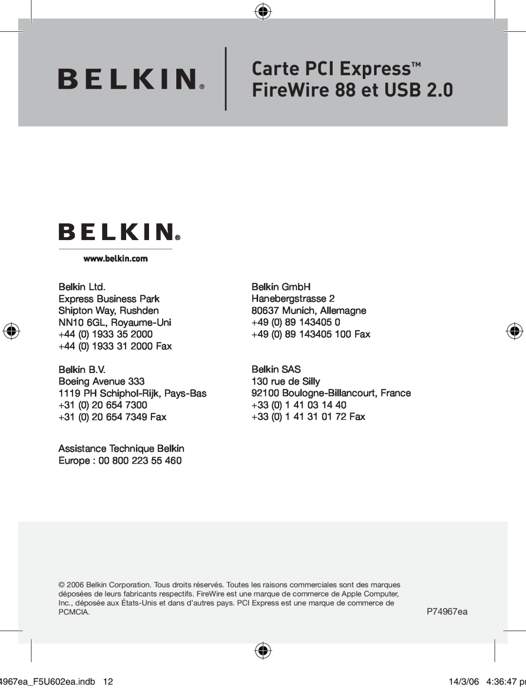 Belkin F5U602EA user manual Carte PCI Express FireWire 88 et USB, Pcmcia 
