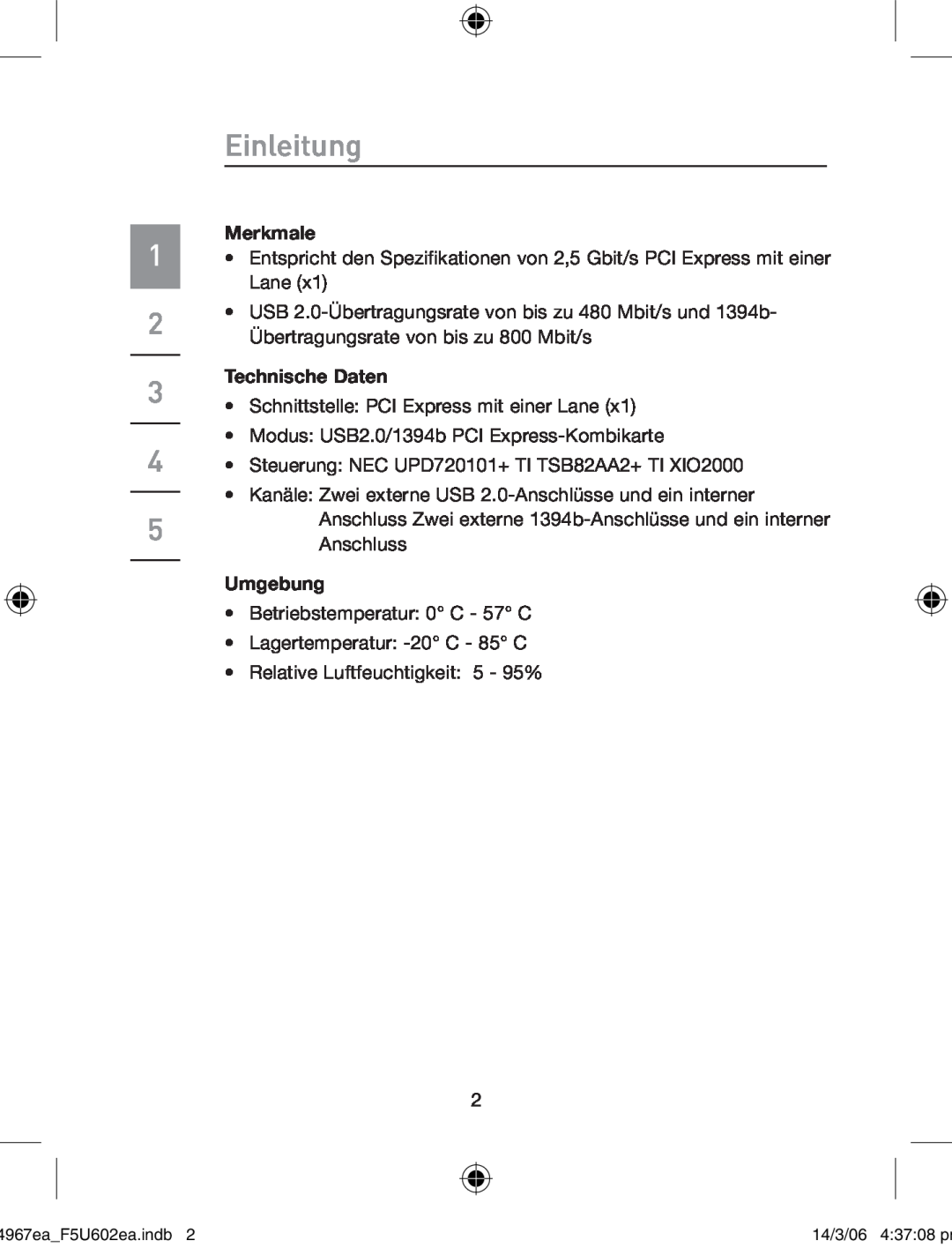 Belkin F5U602EA user manual Einleitung, Merkmale, Technische Daten, Umgebung 