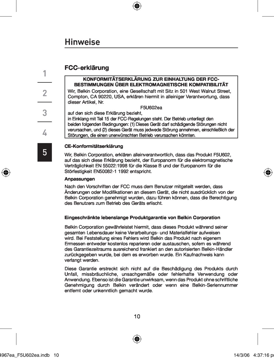 Belkin F5U602EA user manual Hinweise, FCC-erklärung, Konformitätserklärung Zur Einhaltung Der Fcc, CE-Konformitätserklärung 