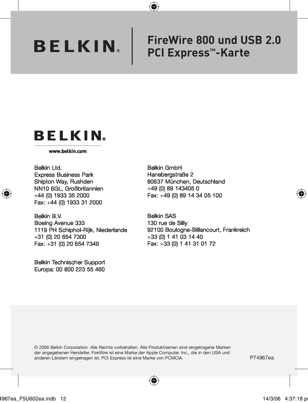 Belkin F5U602EA user manual FireWire 800 und USB PCI Express-Karte 