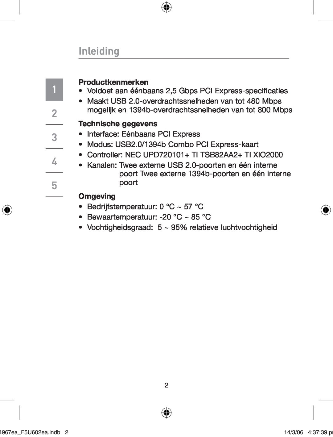 Belkin F5U602EA user manual Inleiding, Productkenmerken, Technische gegevens, Omgeving 