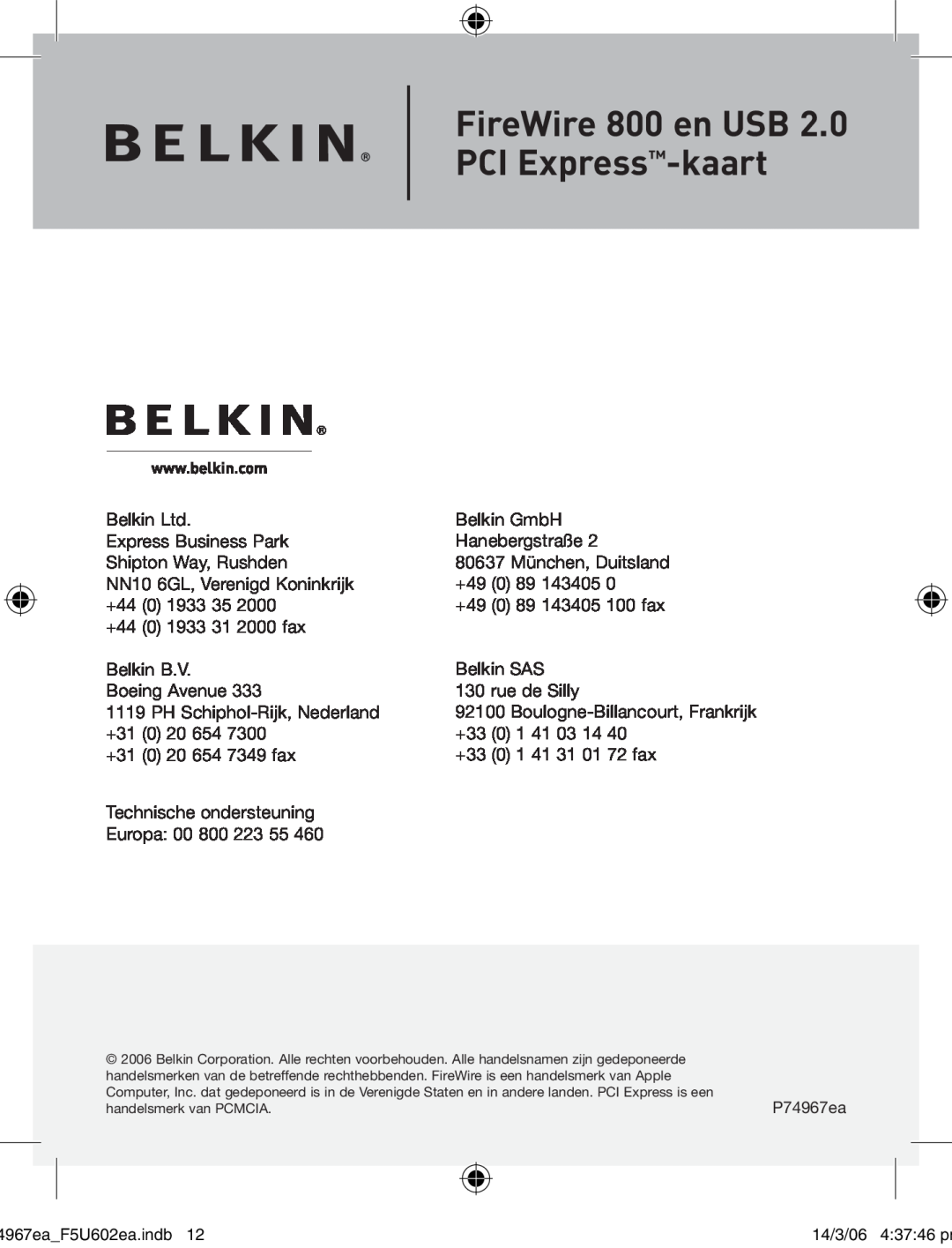 Belkin F5U602EA user manual FireWire 800 en USB PCI Express-kaart, handelsmerk van PCMCIA 