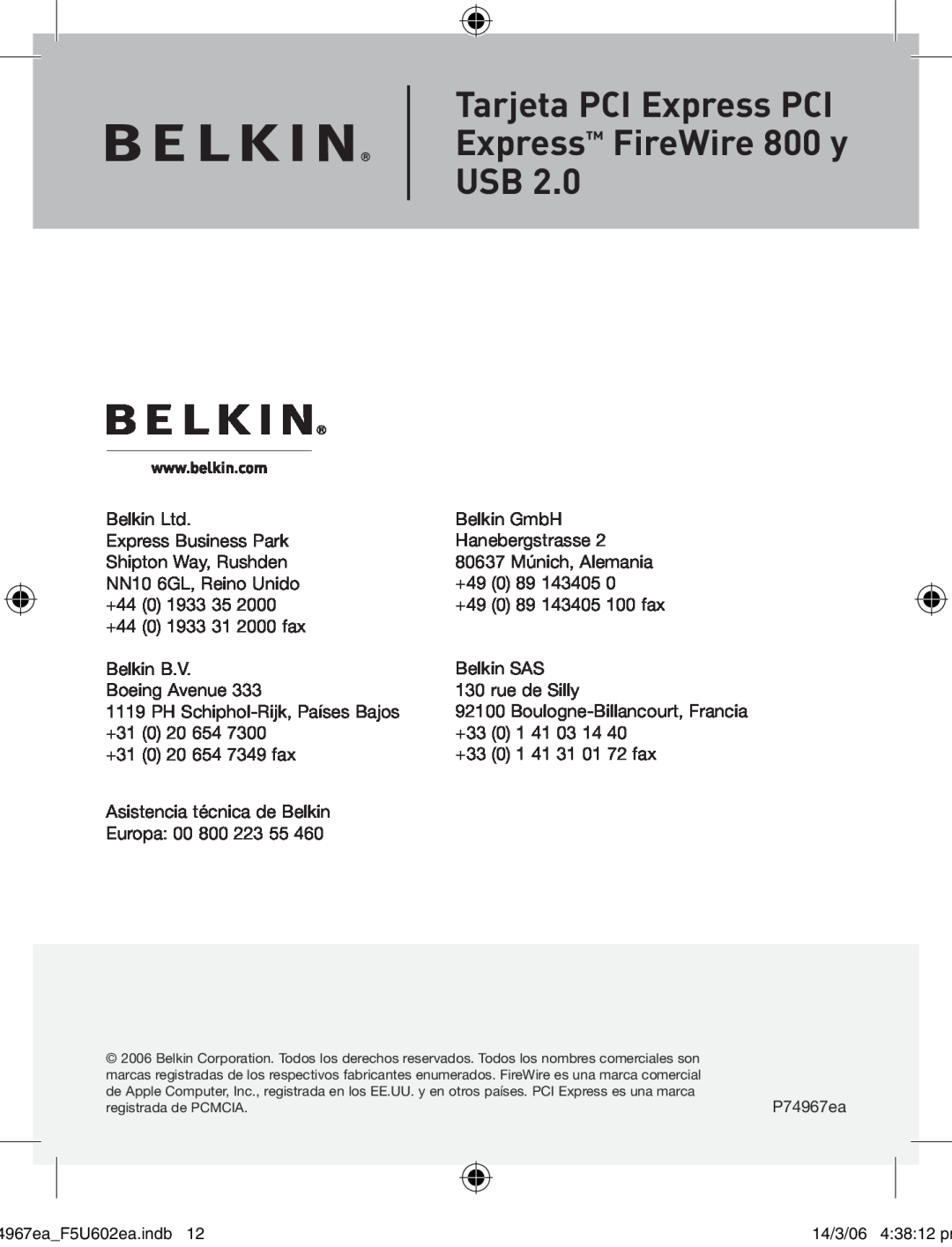 Belkin F5U602EA user manual Tarjeta PCI Express PCI Express FireWire 800 y USB, registrada de PCMCIA 