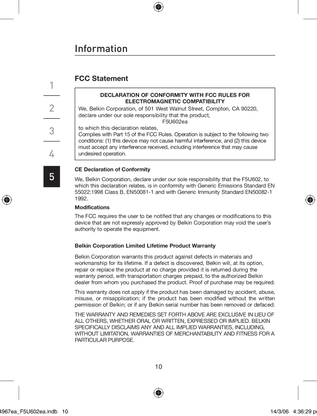 Belkin F5U602EA user manual Information, FCC Statement 