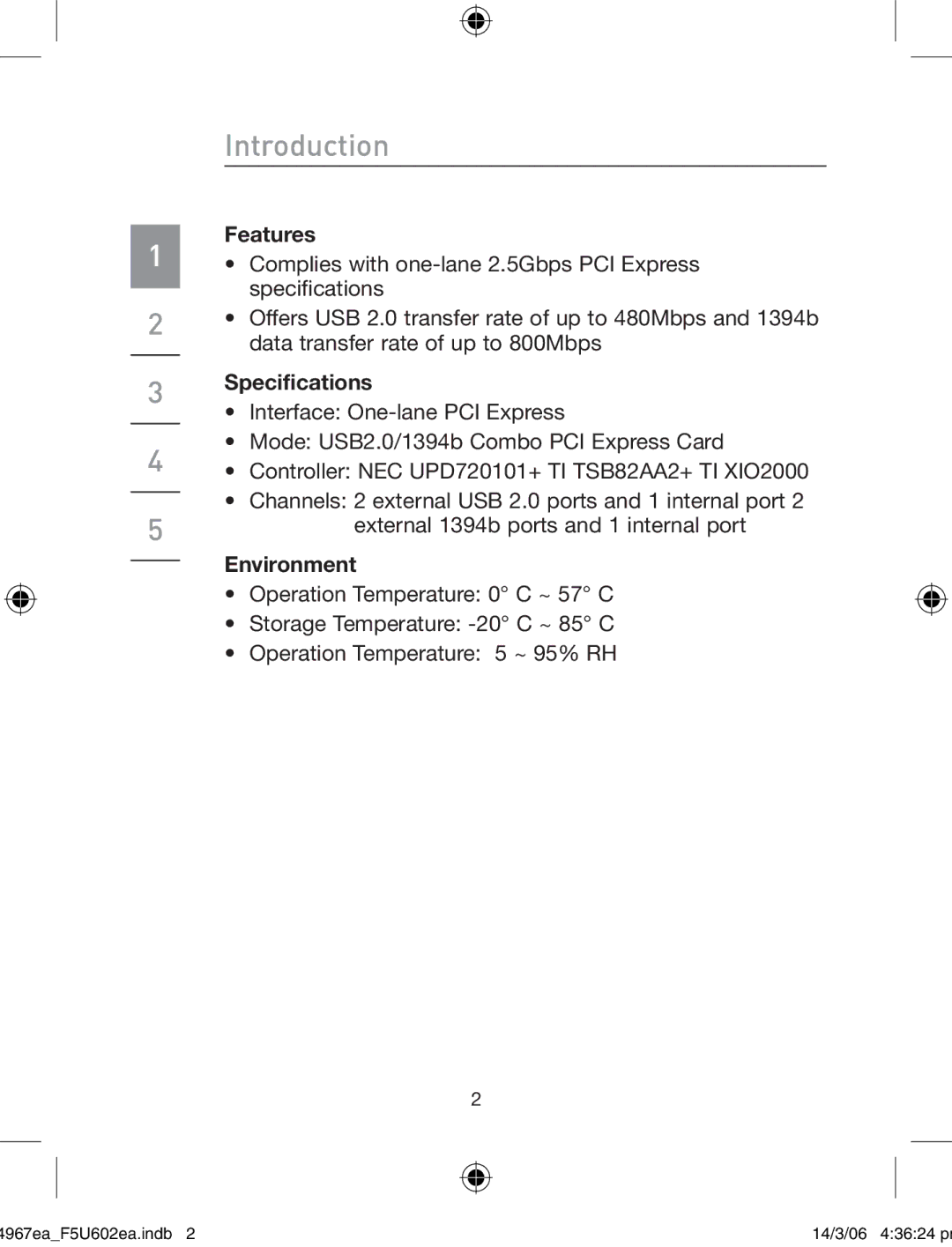 Belkin F5U602EA user manual Introduction, Features, Specifications, Environment 