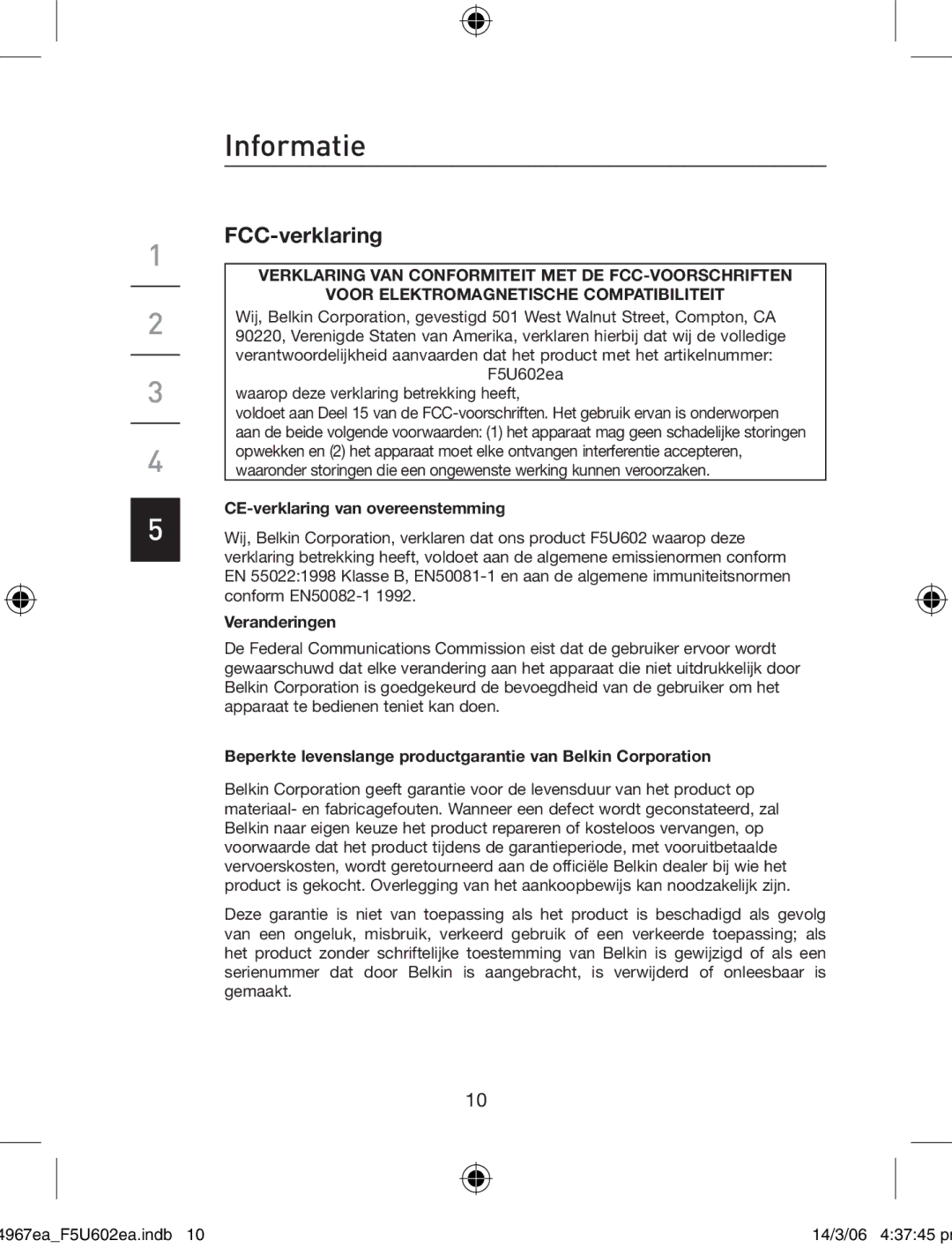 Belkin F5U602EA user manual Informatie, FCC-verklaring 