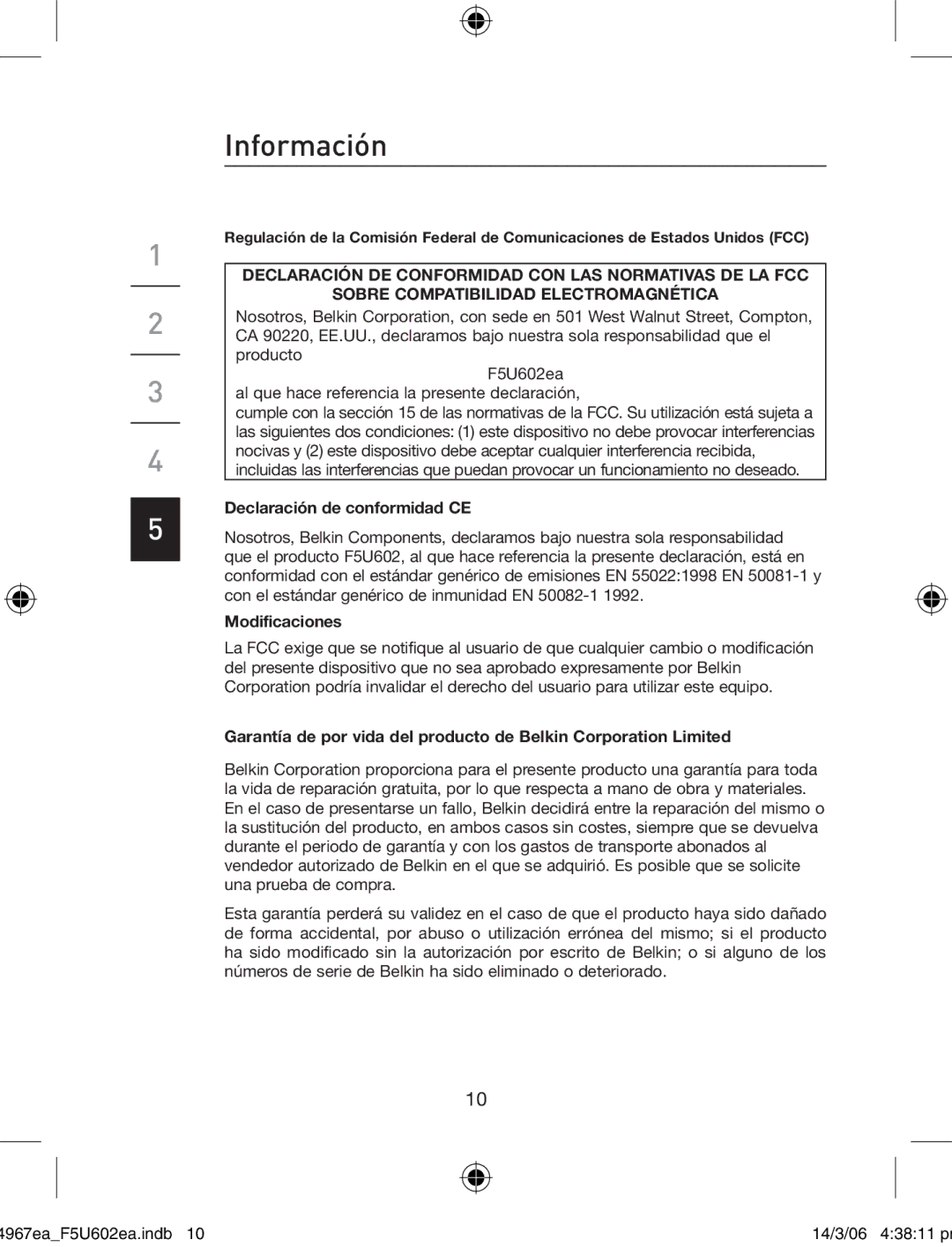 Belkin F5U602EA user manual Información, Declaración de conformidad CE 