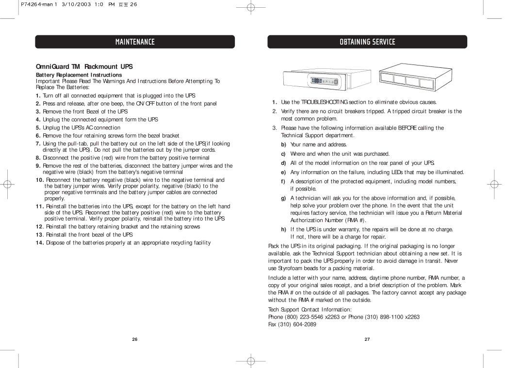 Belkin F6C110-RKM-2U user manual Obtaining Service, OmniGuard TM Rackmount UPS, Battery Replacement Instructions 