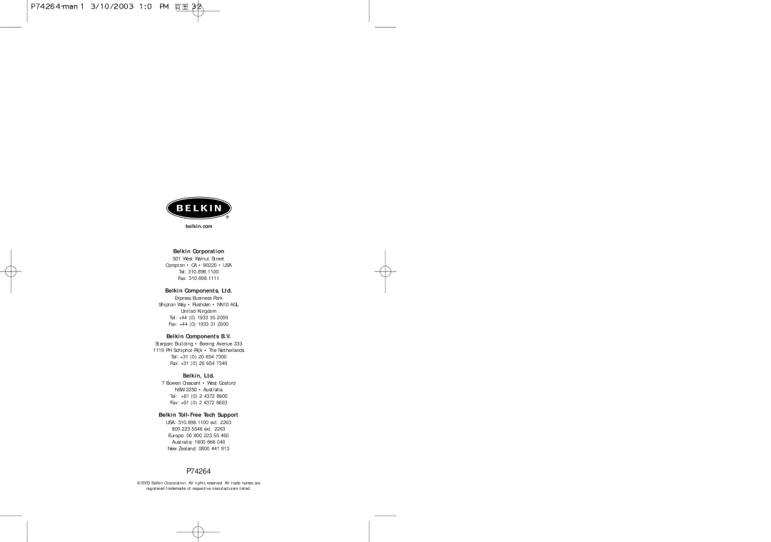 Belkin F6C110-RKM-2U user manual P74264 