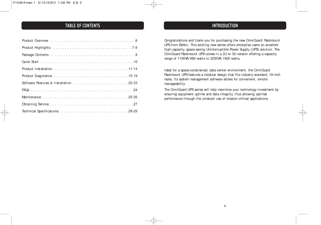 Belkin F6C110-RKM-2U user manual Table of Contents, Introduction 