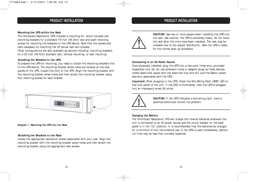 Belkin F6C110-RKM-2U Mounting the UPS within the Rack, Attaching the Brackets to the UPS, Connecting to an AC Power Source 