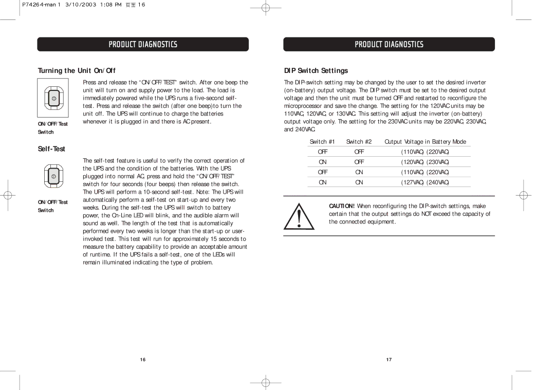 Belkin F6C110-RKM-2U user manual Turning the Unit On/Off, DIP Switch Settings, Self-Test 