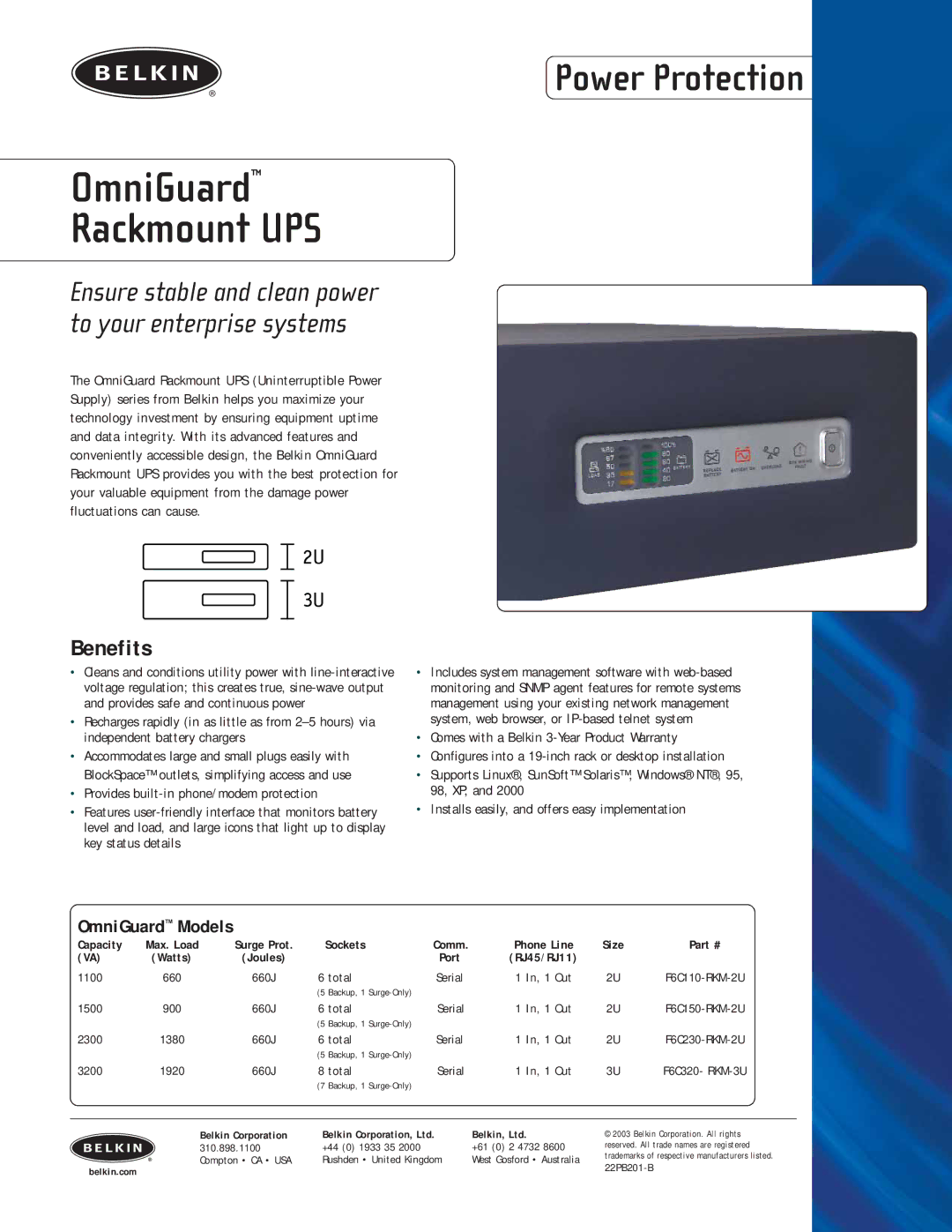 Belkin F6C150-RKM-2U warranty OmniGuard Rackmount UPS, Benefits, Ensure stable and clean power to your enterprise systems 