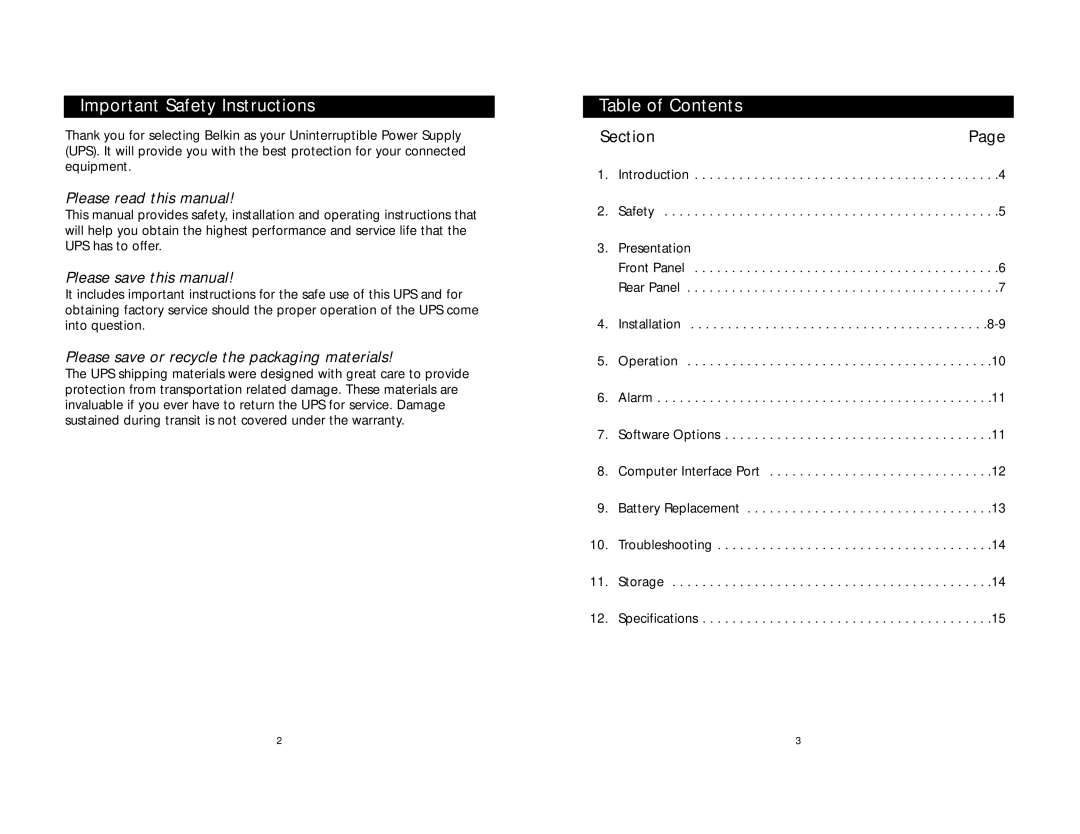 Belkin F6C625, F6C325, F6C525, F6C425 user manual Important Safety Instructions, Table of Contents 