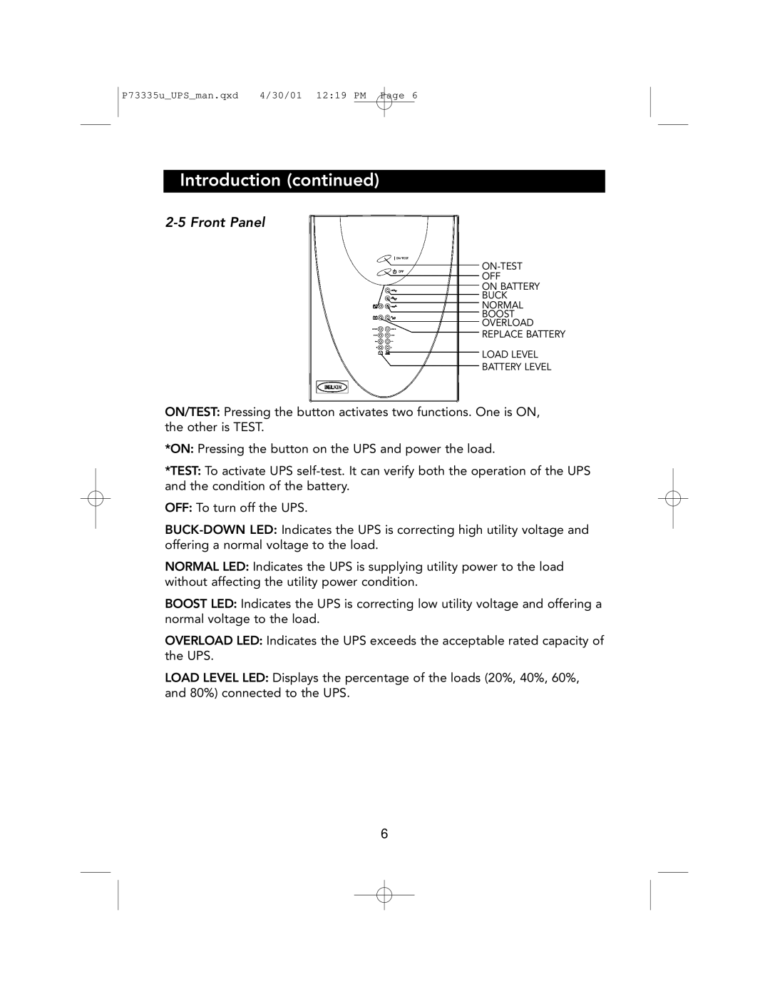 Belkin F6C1000-EUR, F6C700-EUR, F6C1400-EUR user manual Front Panel 