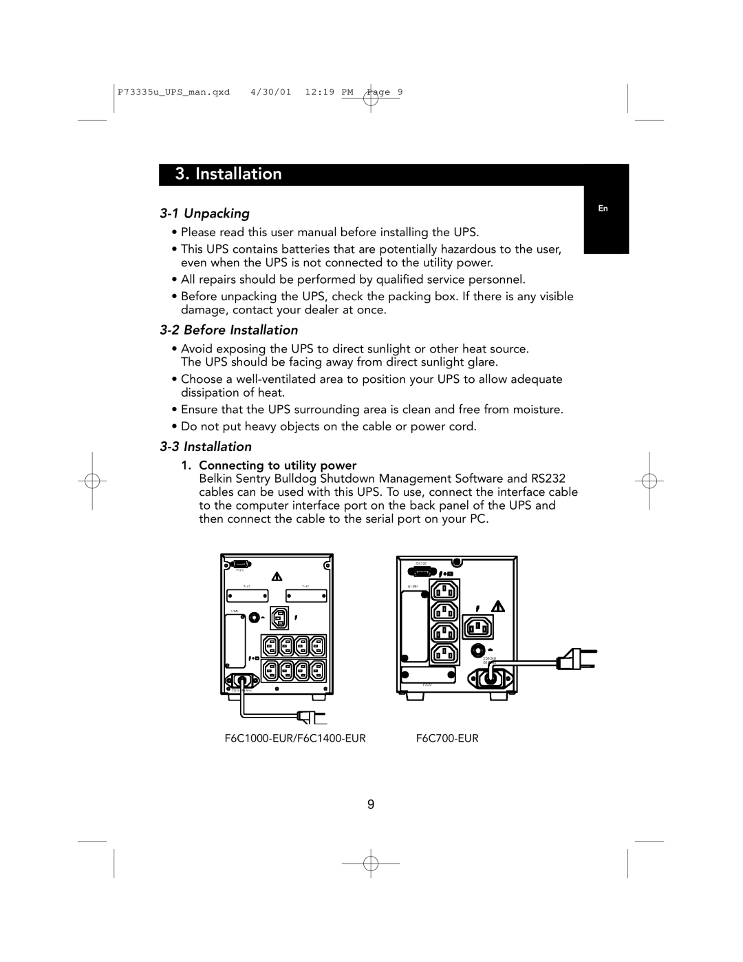 Belkin F6C1000-EUR, F6C700-EUR, F6C1400-EUR user manual Unpacking, Before Installation 