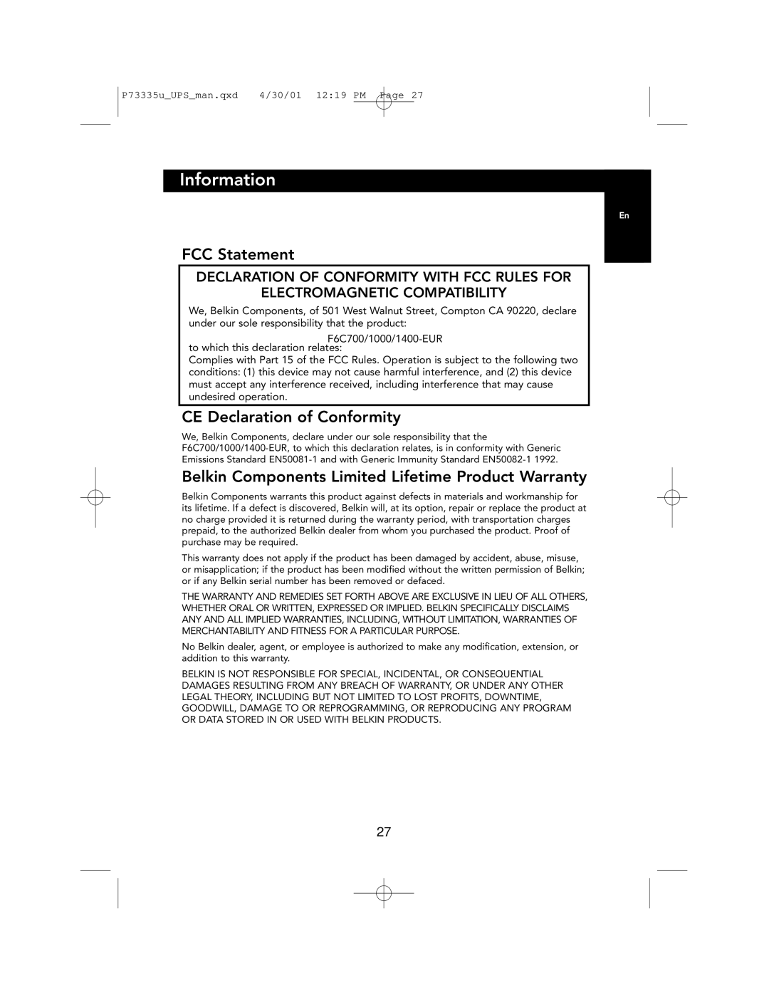 Belkin F6C1000-EUR, F6C700-EUR, F6C1400-EUR user manual Information, FCC Statement 