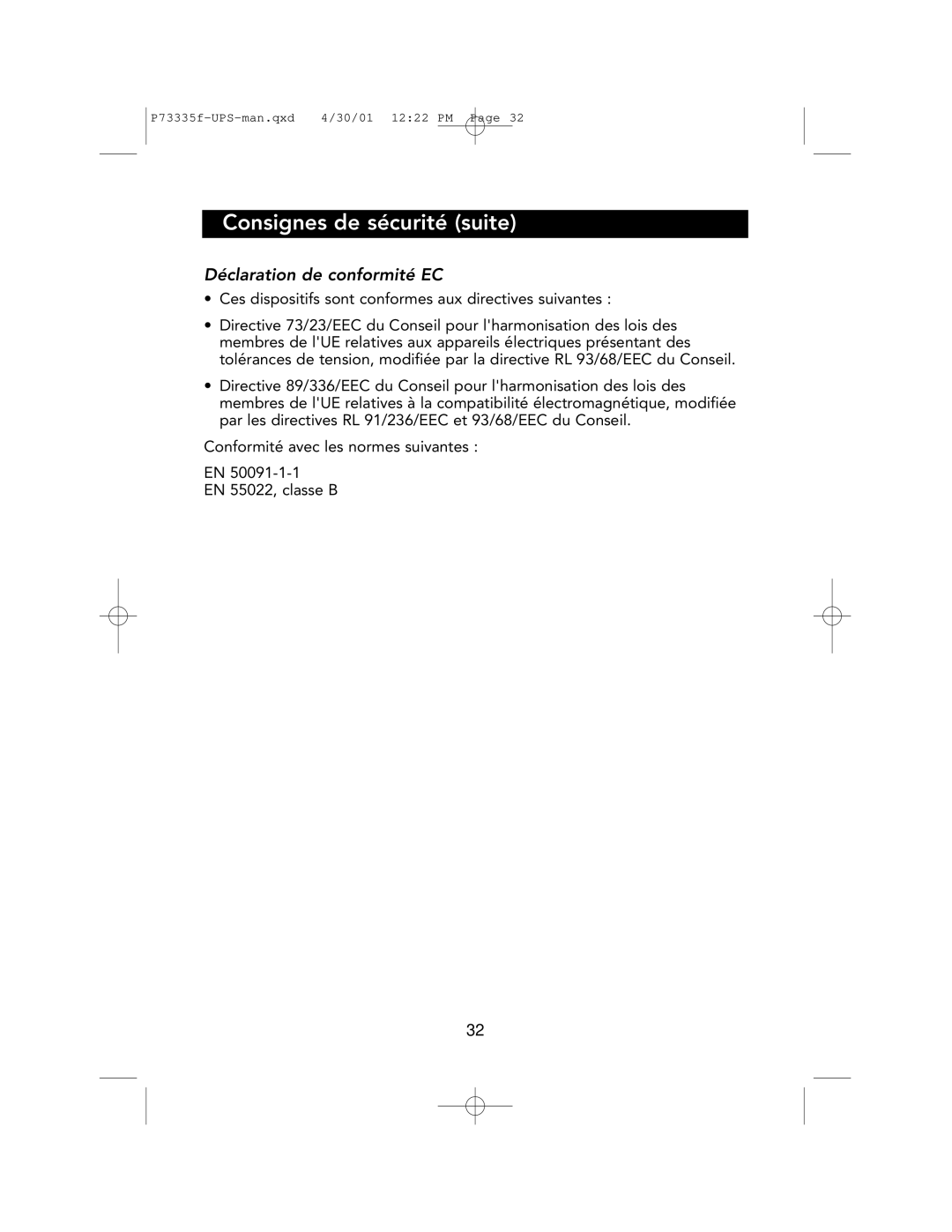 Belkin F6C1000-EUR, F6C700-EUR, F6C1400-EUR user manual Consignes de sécurité suite, Déclaration de conformité EC 