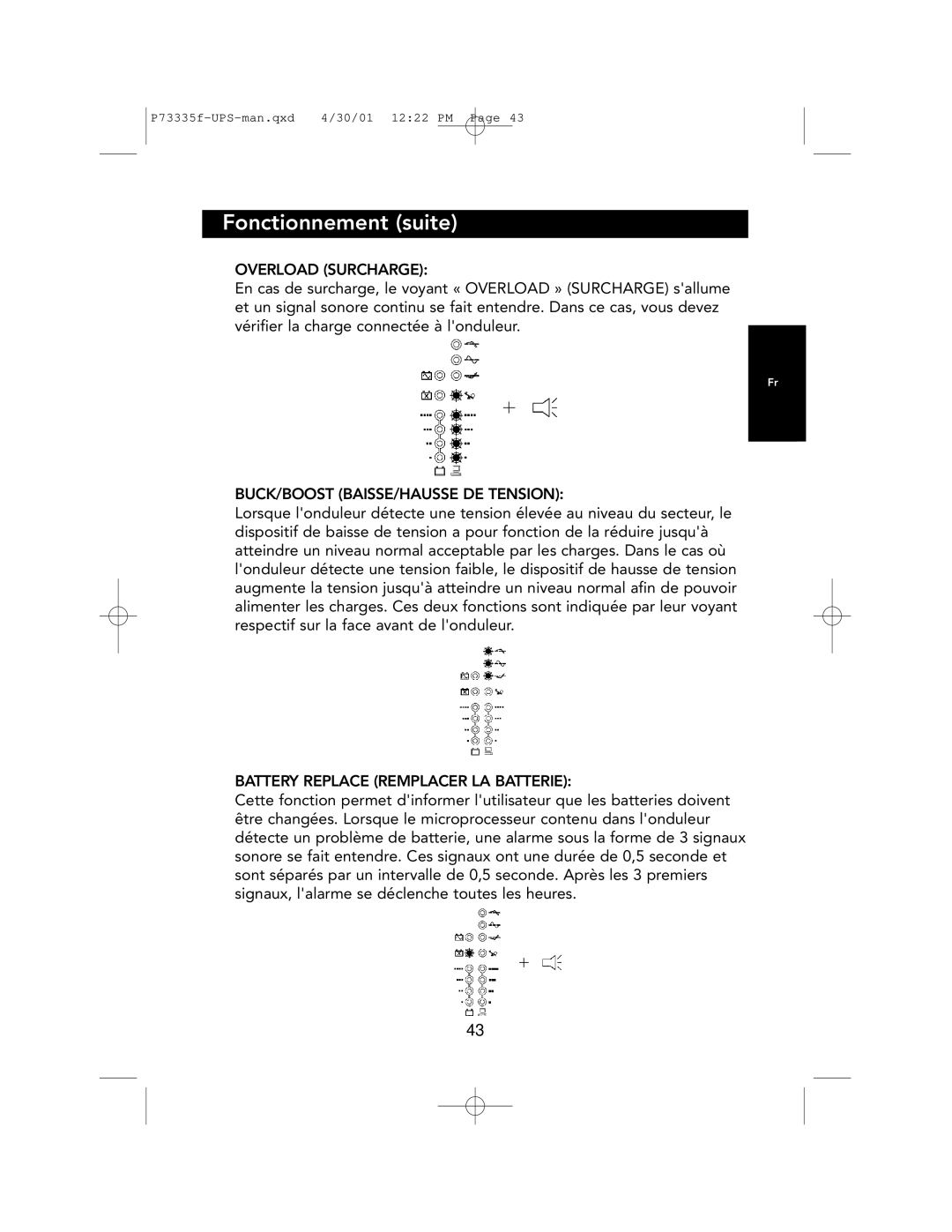 Belkin F6C1000-EUR, F6C700-EUR, F6C1400-EUR user manual Overload Surcharge, BUCK/BOOST BAISSE/HAUSSE DE Tension 