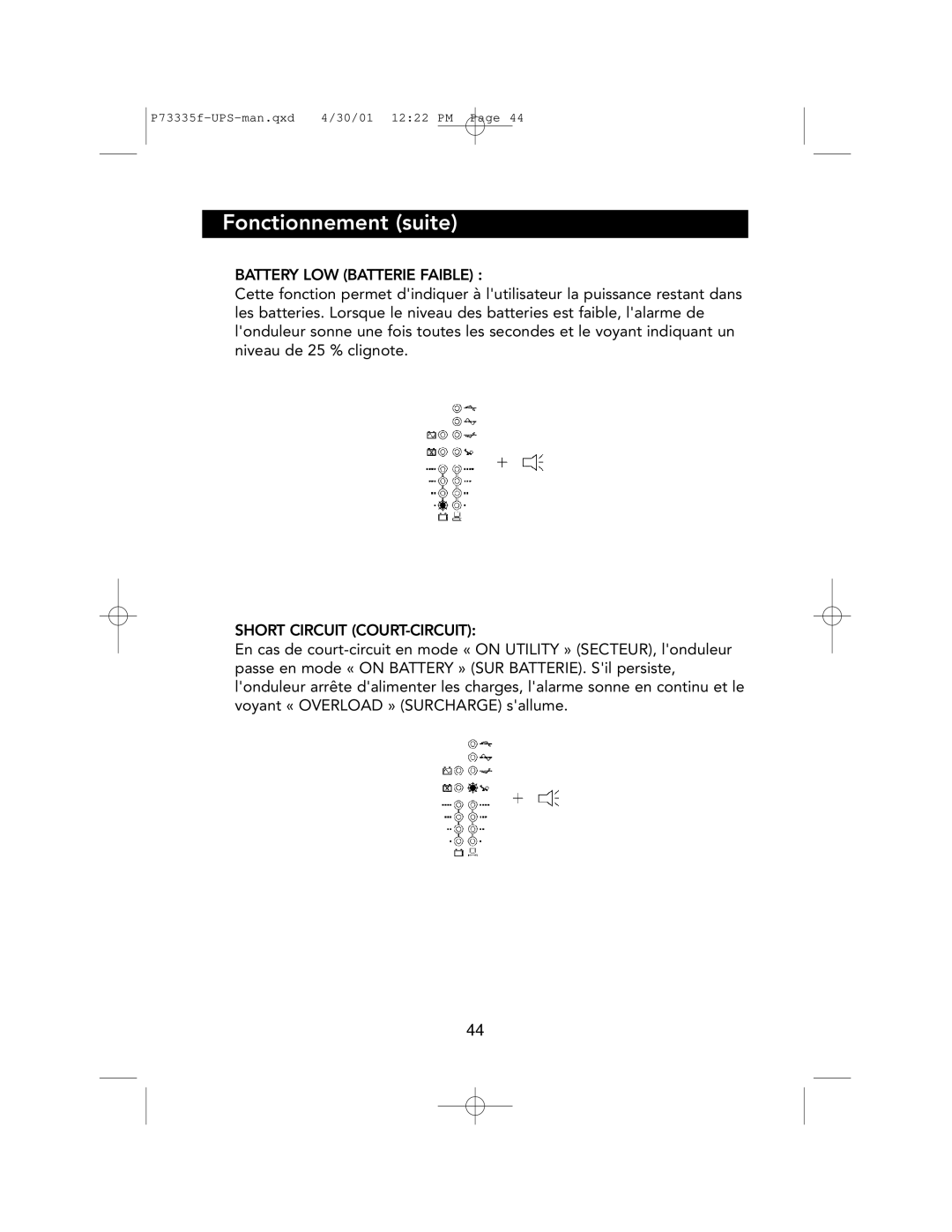 Belkin F6C1000-EUR, F6C700-EUR, F6C1400-EUR user manual Battery LOW Batterie Faible, Short Circuit COURT-CIRCUIT 