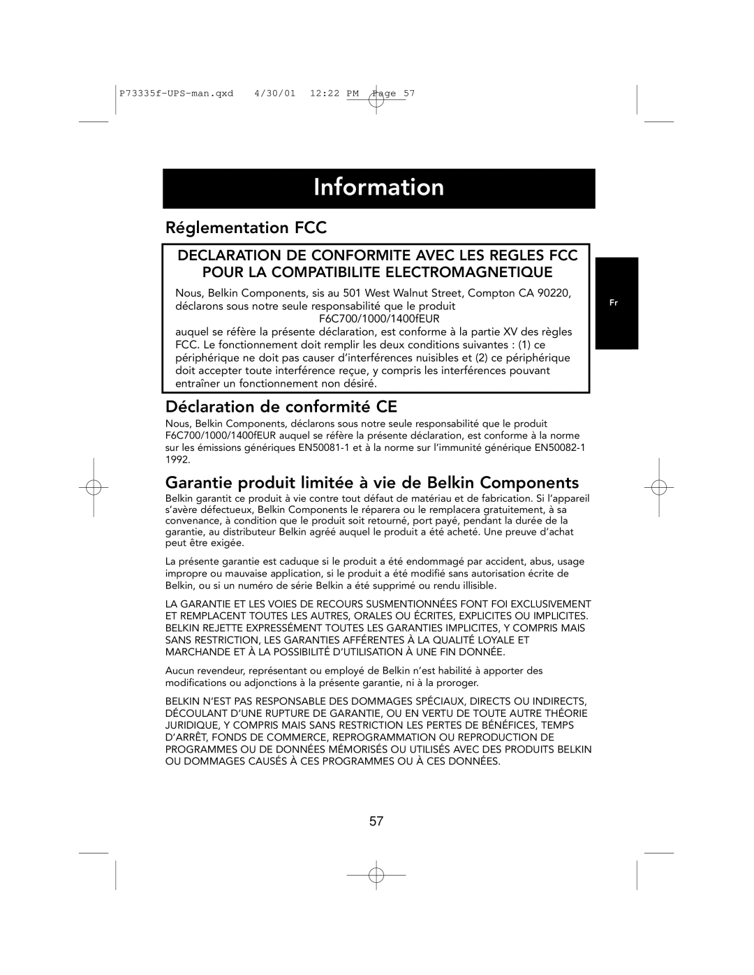 Belkin F6C1000-EUR, F6C700-EUR, F6C1400-EUR user manual Information 