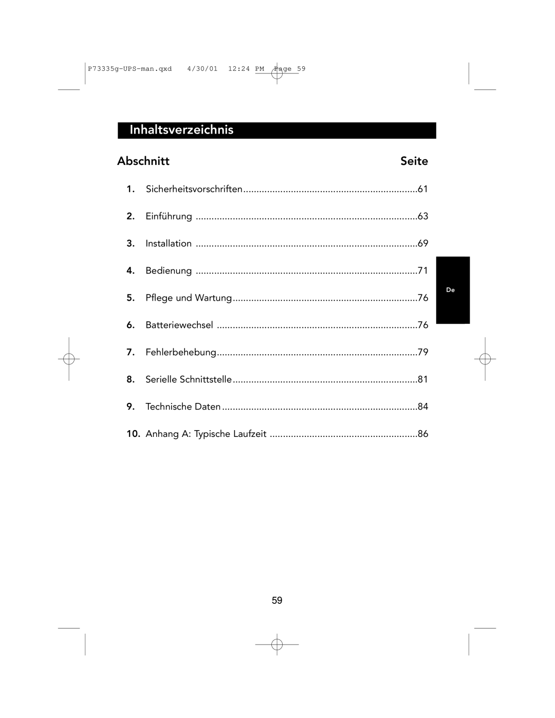 Belkin F6C1000-EUR, F6C700-EUR, F6C1400-EUR user manual Inhaltsverzeichnis, Abschnitt Seite 