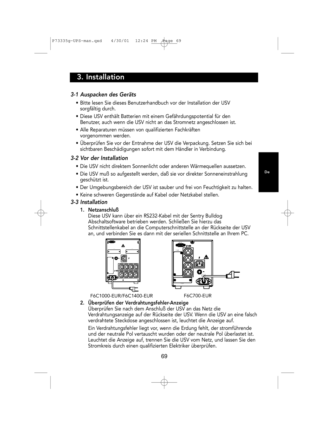 Belkin F6C1000-EUR, F6C700-EUR, F6C1400-EUR user manual Auspacken des Geräts, Vor der Installation 