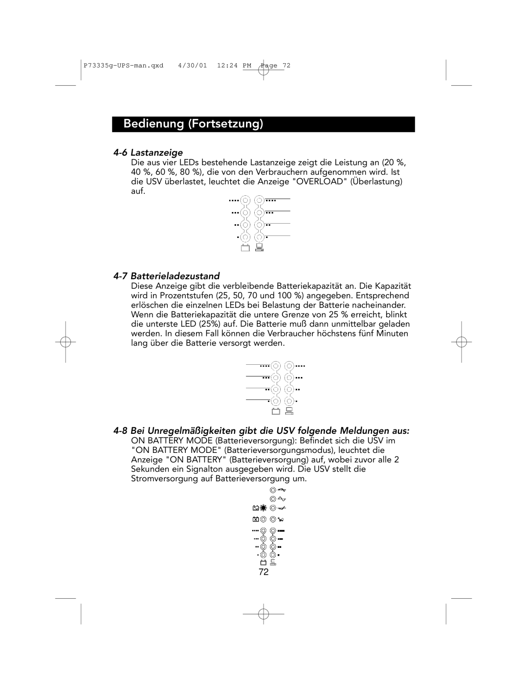 Belkin F6C1000-EUR, F6C700-EUR, F6C1400-EUR user manual Bedienung Fortsetzung, Lastanzeige, Batterieladezustand 