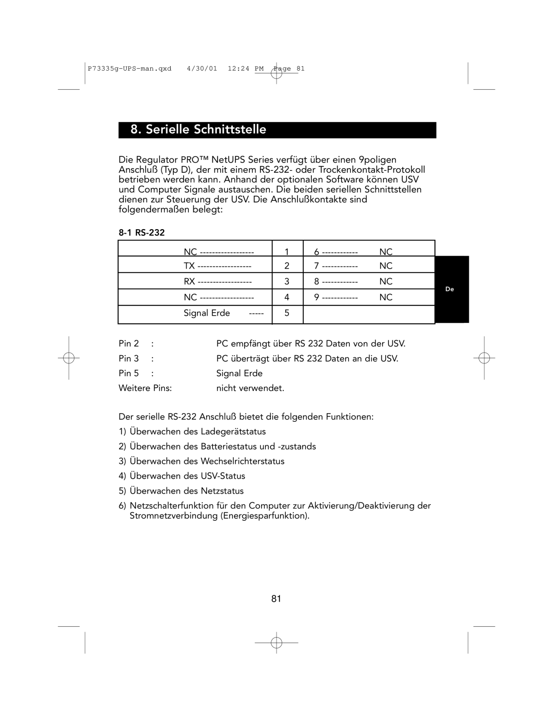 Belkin F6C1000-EUR, F6C700-EUR, F6C1400-EUR user manual Serielle Schnittstelle 