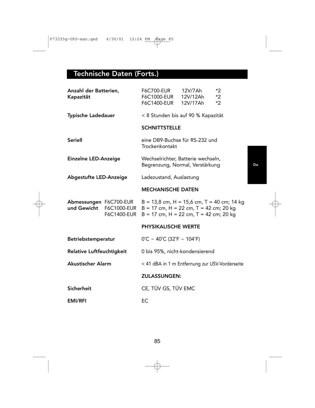 Belkin F6C1000-EUR, F6C700-EUR, F6C1400-EUR user manual Technische Daten Forts 