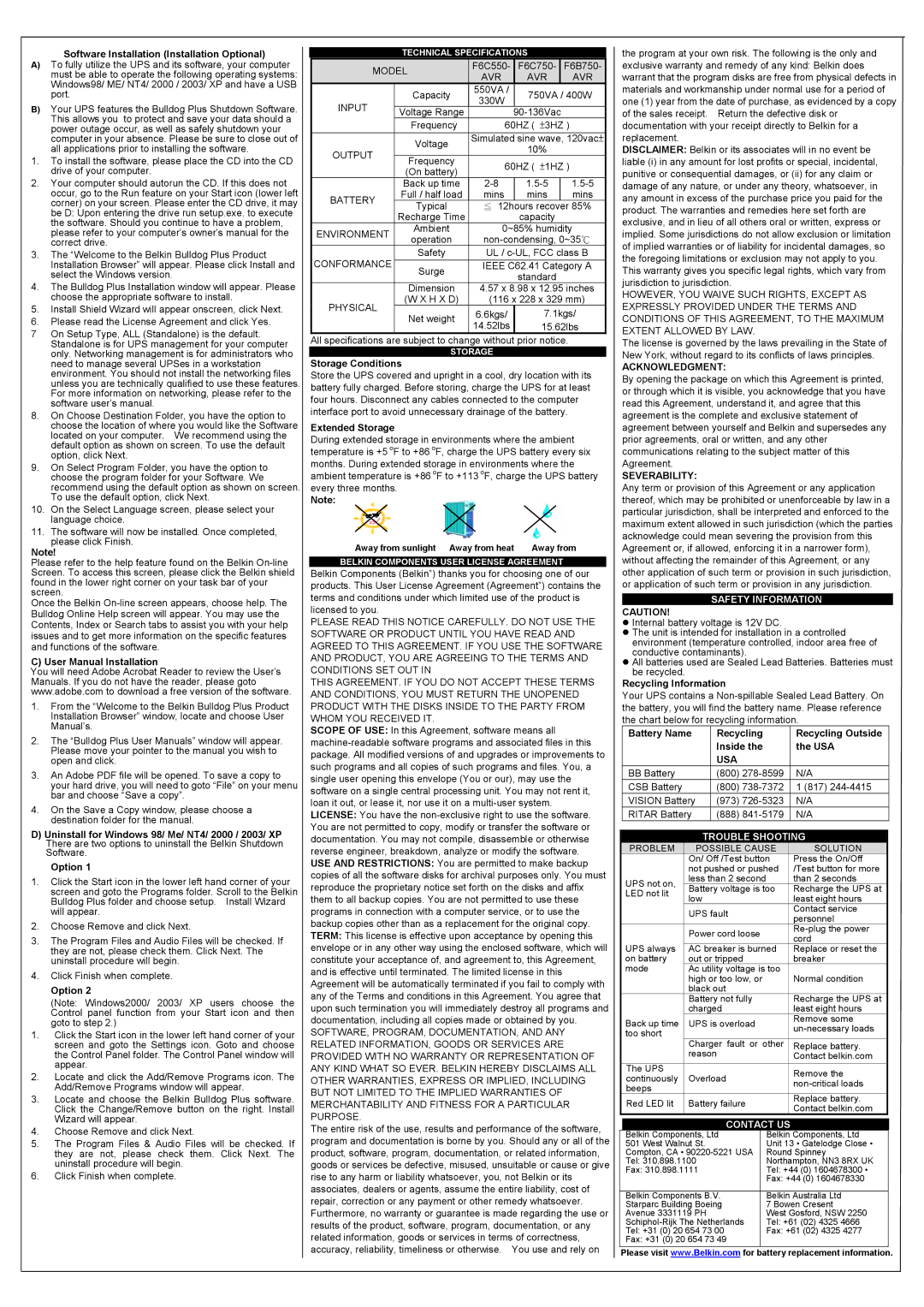 Belkin F6B750-AVR, F6C750-AVR, F6C550-AVR important safety instructions Safety Information, Trouble Shooting, Contact US 