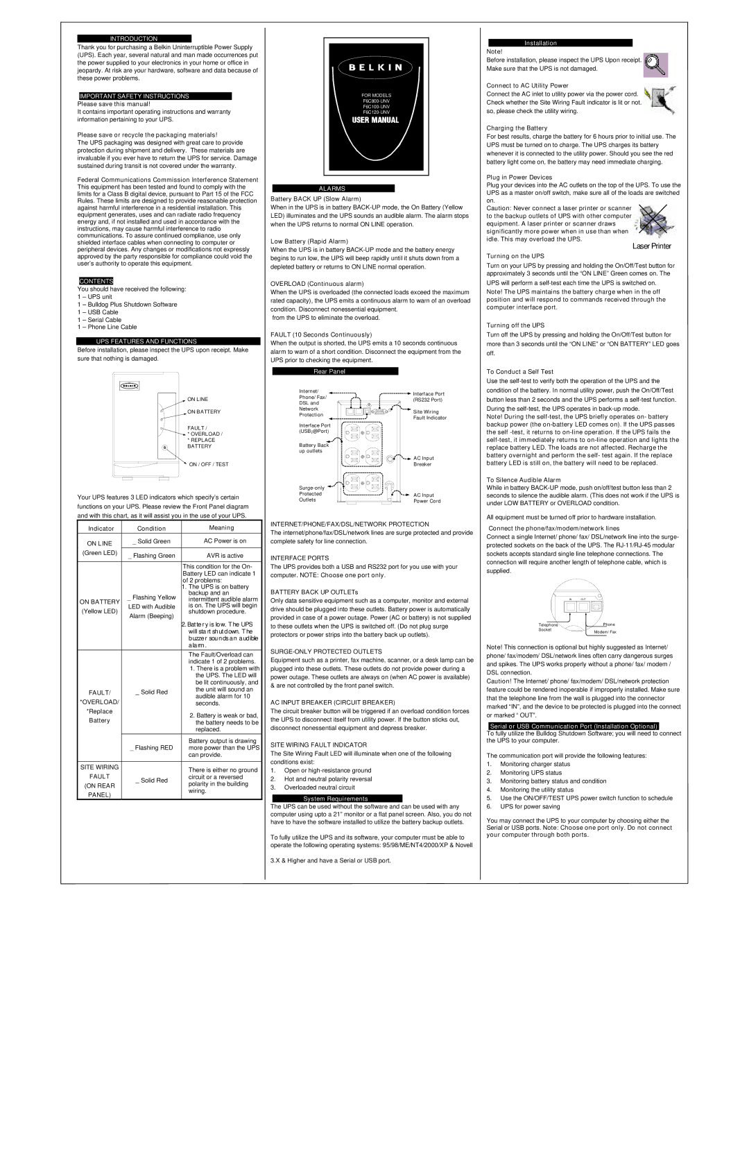 Belkin F6C120-UNV important safety instructions Introduction, Important Safety Instructions, Contents, Alarms 