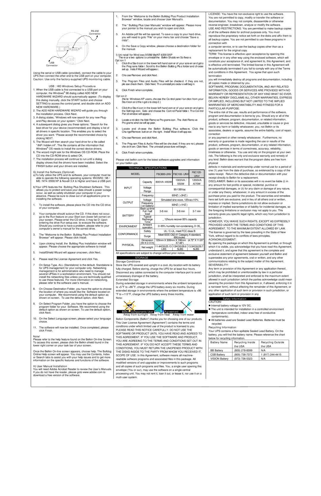 Belkin F6C800-UNV F6C100, F6C120-UNV Technical Specifications, Storage, Acknowledgment, Severability 