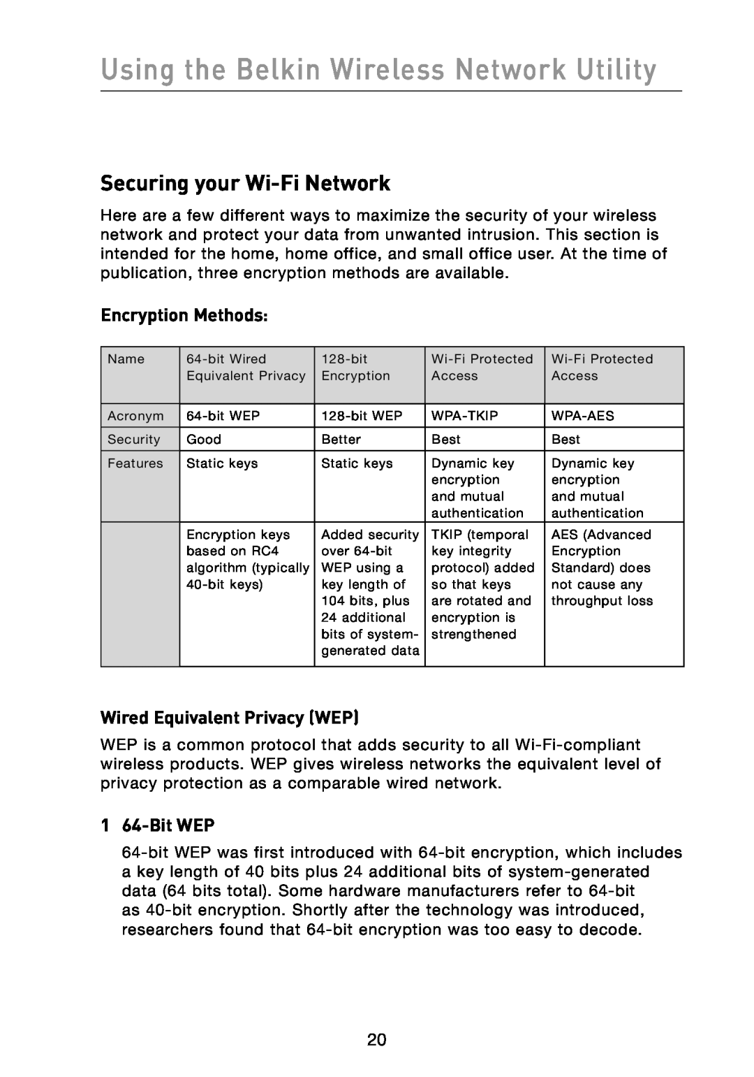 Belkin F6D3000 user manual Securing your Wi-Fi Network, Encryption Methods, Wired Equivalent Privacy WEP, 1 64-Bit WEP 