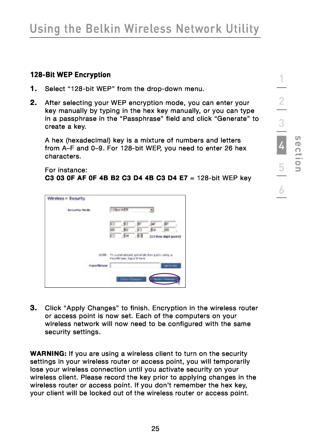 Belkin F6D3000 user manual Bit WEP Encryption, Using the Belkin Wireless Network Utility, section 