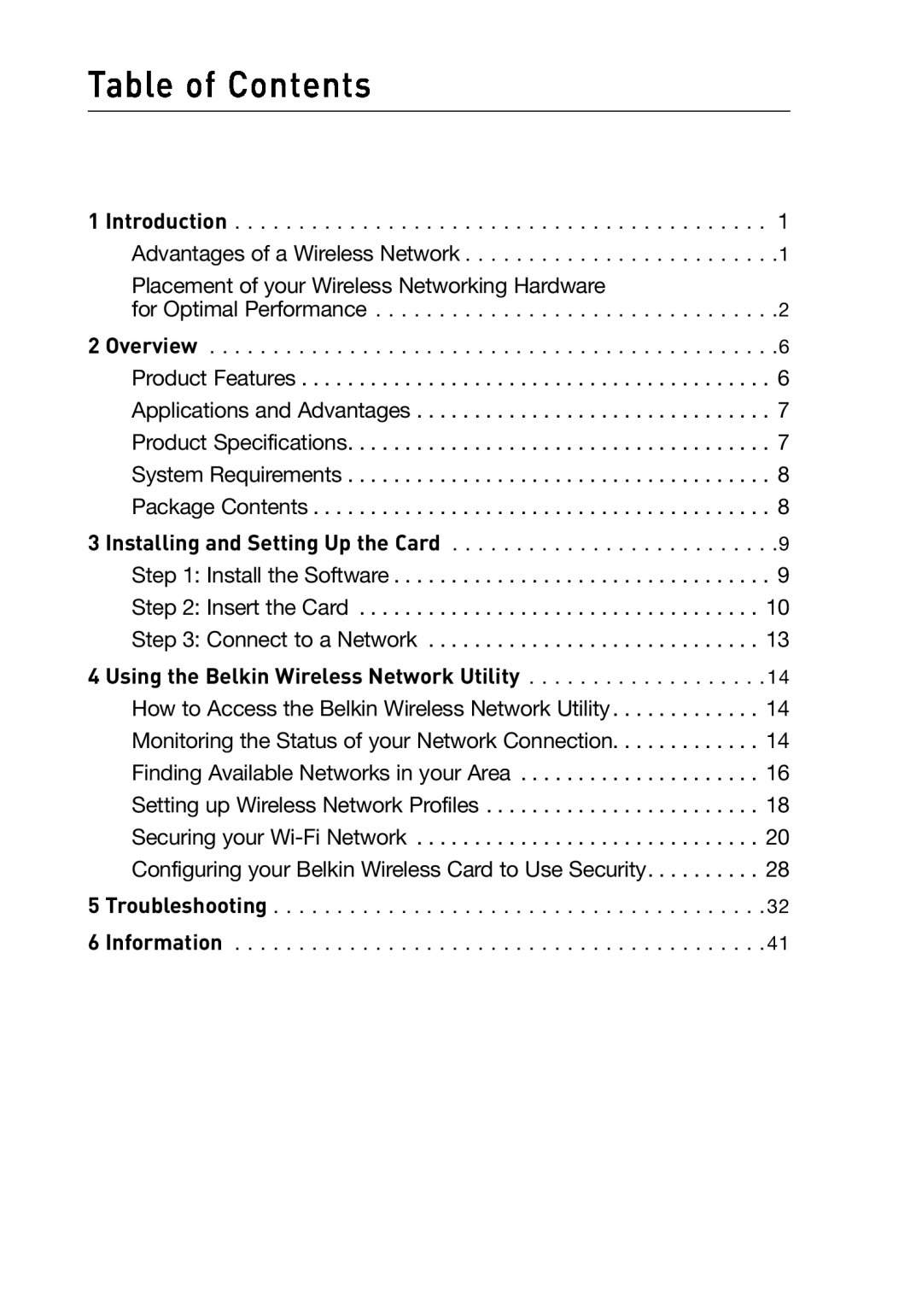 Belkin F6D3000 user manual Table of Contents, Using the Belkin Wireless Network Utility 