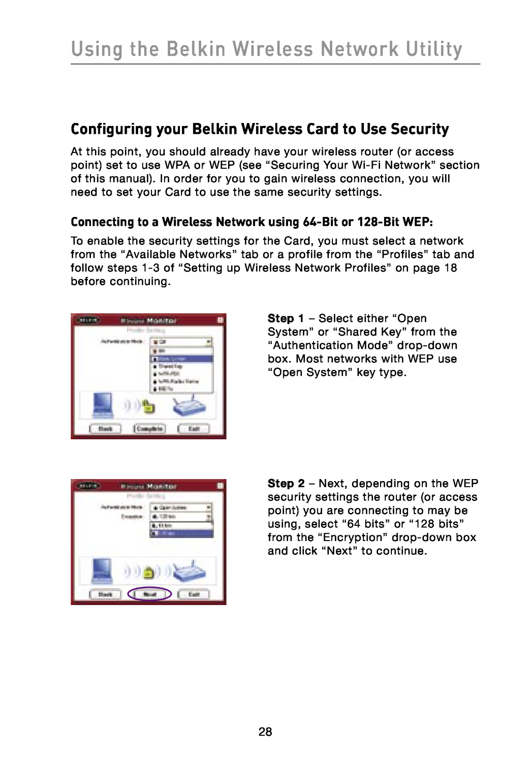 Belkin F6D3000 user manual Configuring your Belkin Wireless Card to Use Security, Using the Belkin Wireless Network Utility 