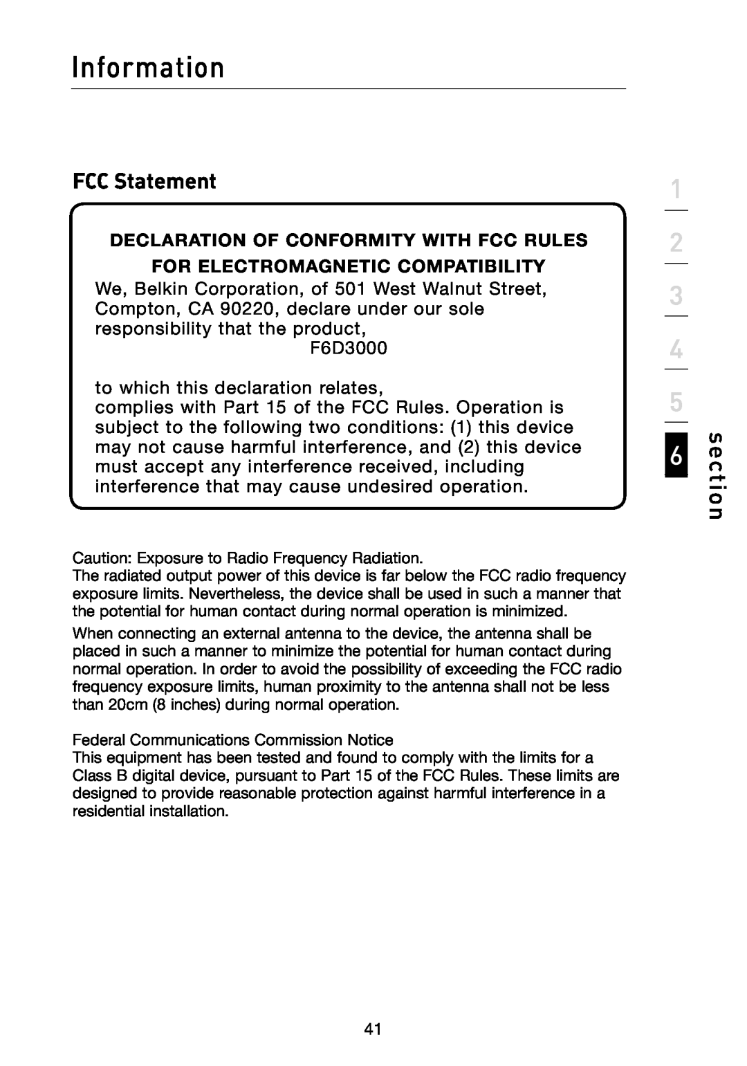 Belkin F6D3000 Information, FCC Statement, Declaration Of Conformity With Fcc Rules, For Electromagnetic Compatibility 