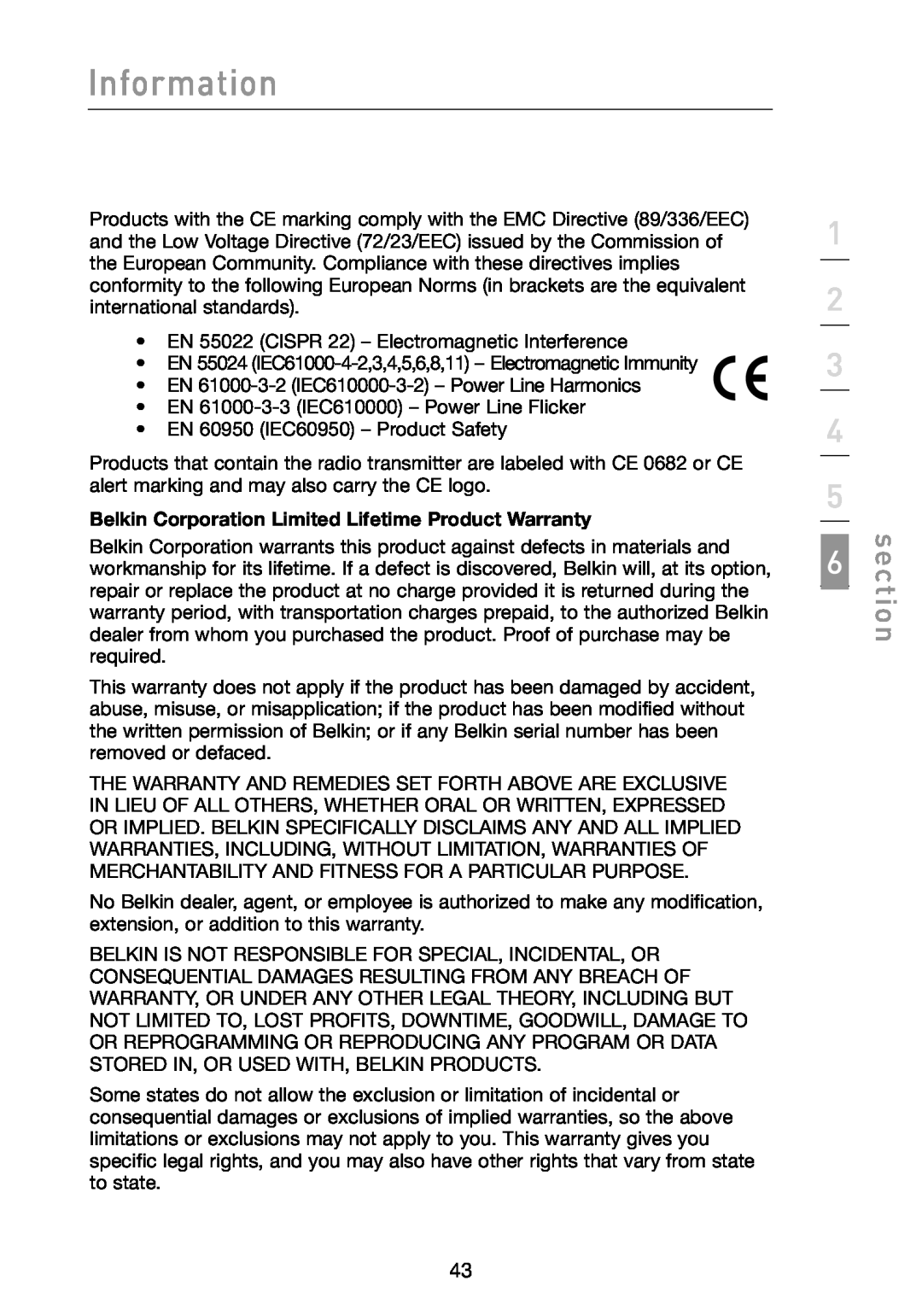 Belkin F6D3000 user manual Information, section, Belkin Corporation Limited Lifetime Product Warranty 
