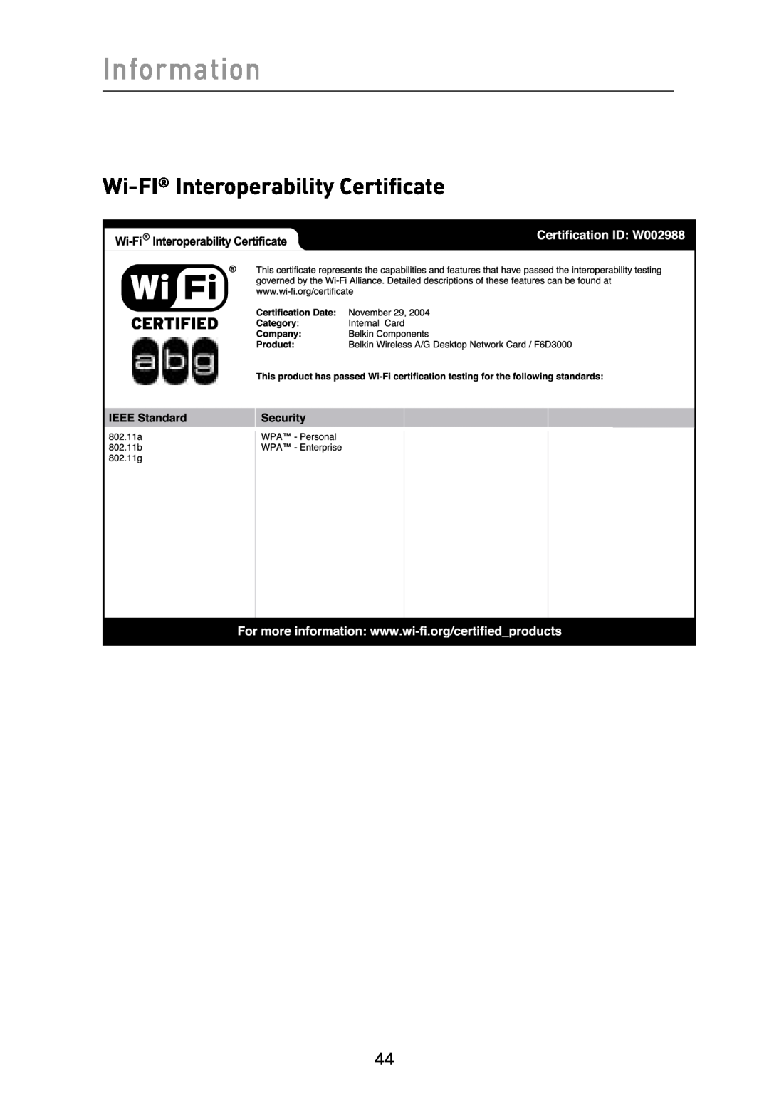 Belkin F6D3000 user manual Wi-FI Interoperability Certificate, Information 
