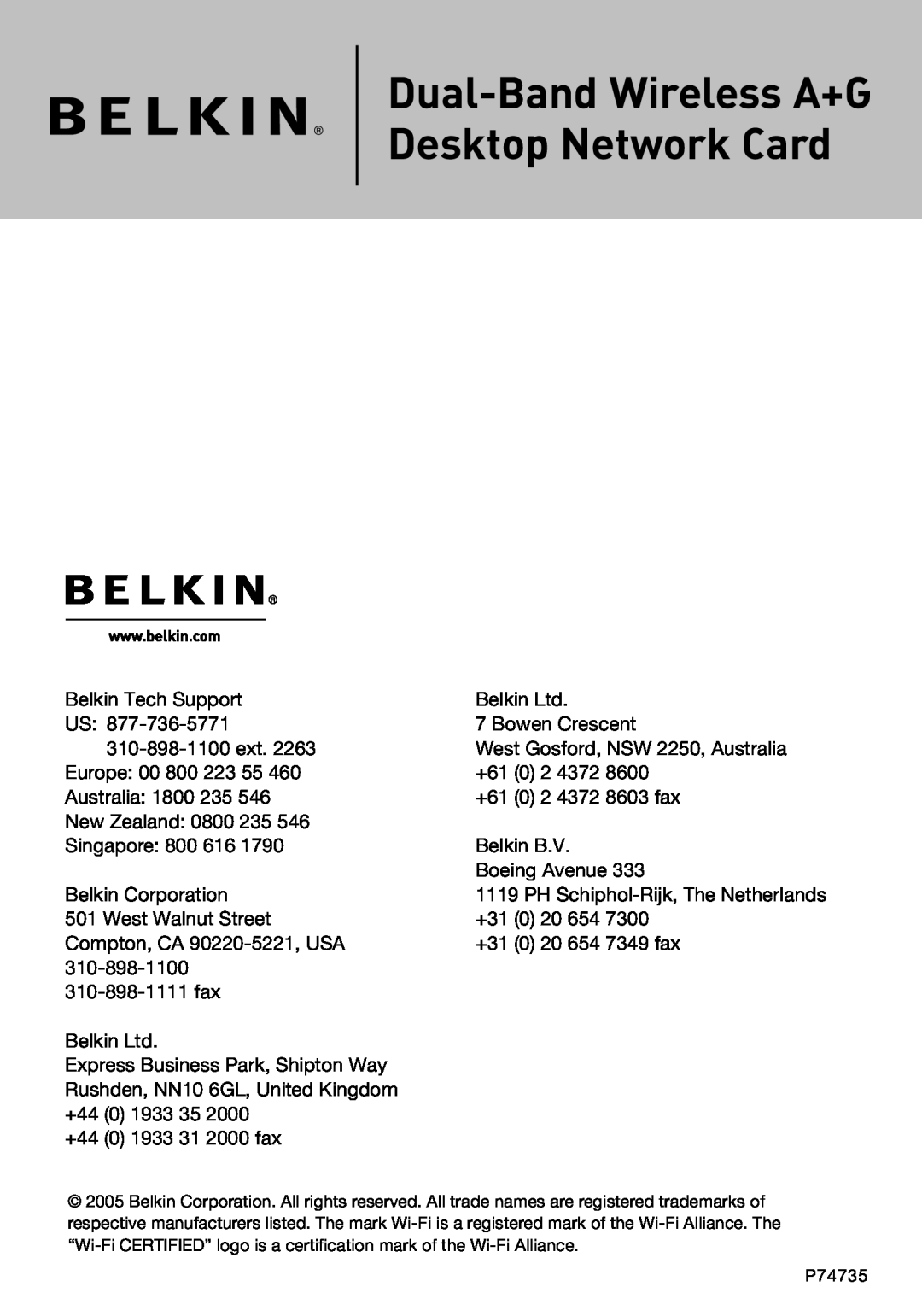Belkin F6D3000 user manual Dual-Band Wireless A+G Desktop Network Card, Belkin Tech Support 