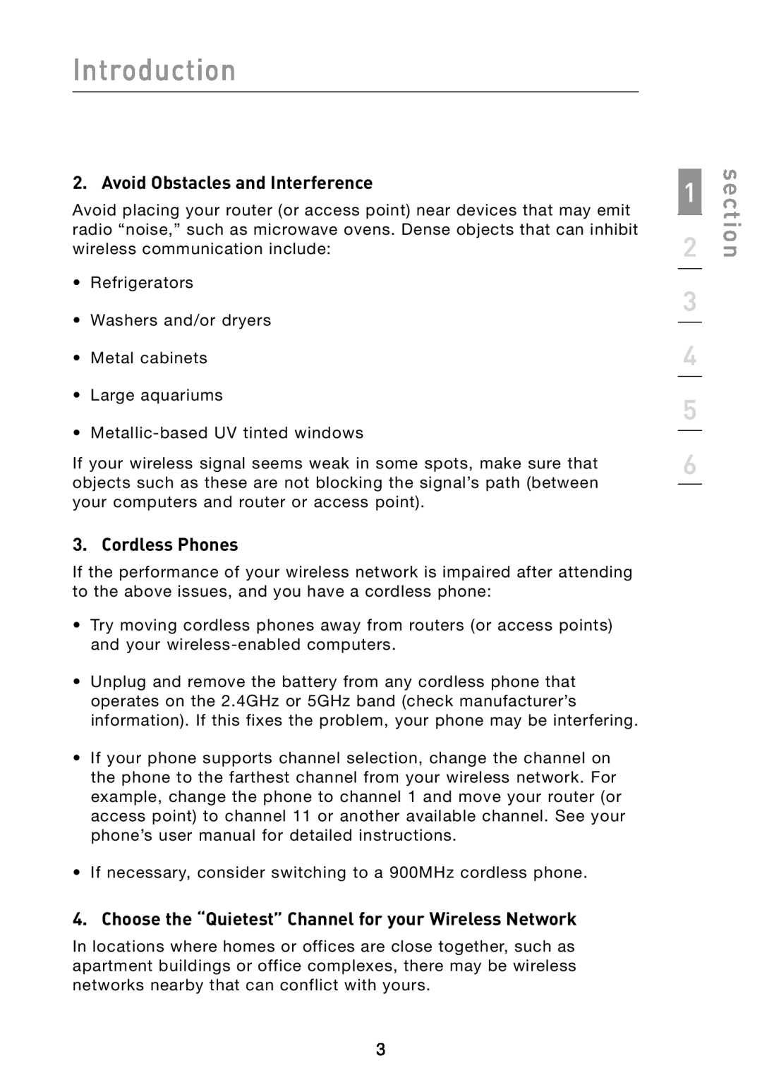 Belkin F6D3000 user manual section, Avoid Obstacles and Interference, Cordless Phones, Introduction 