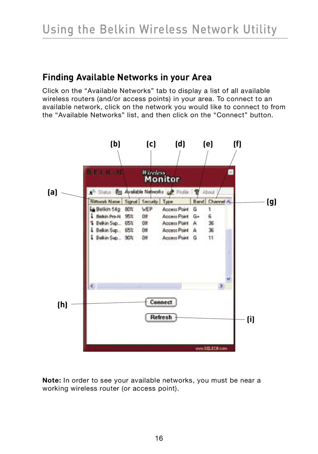 Belkin F6D3000 user manual Using the Belkin Wireless Network Utility, Finding Available Networks in your Area 