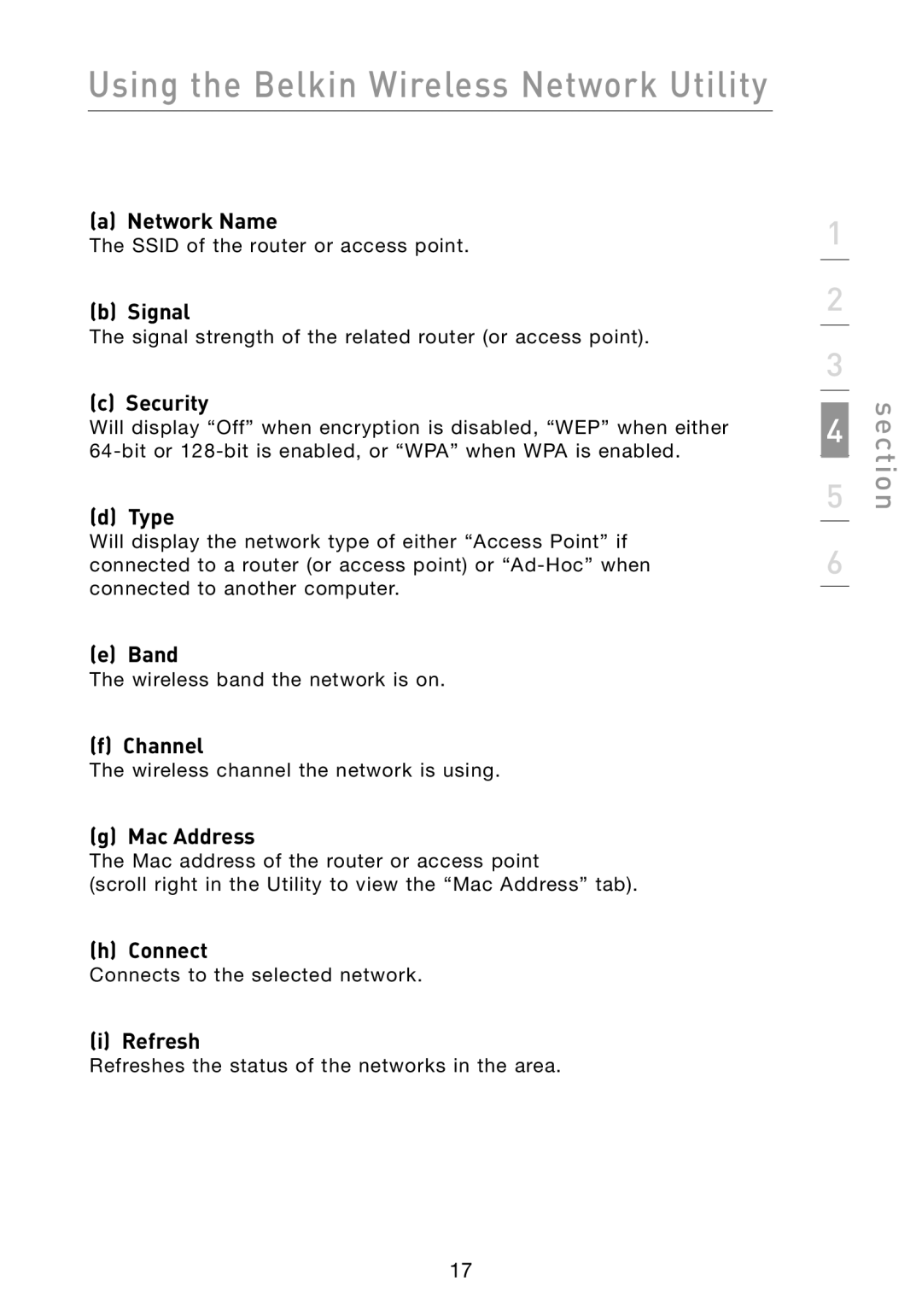 Belkin F6D3000 user manual Network Name, Signal, Security, Type, Band, Mac Address, Refresh 