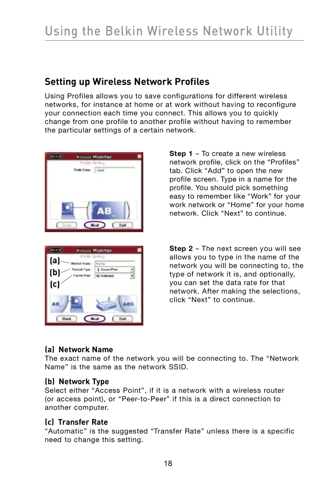 Belkin F6D3000 user manual Setting up Wireless Network Profiles, Transfer Rate 